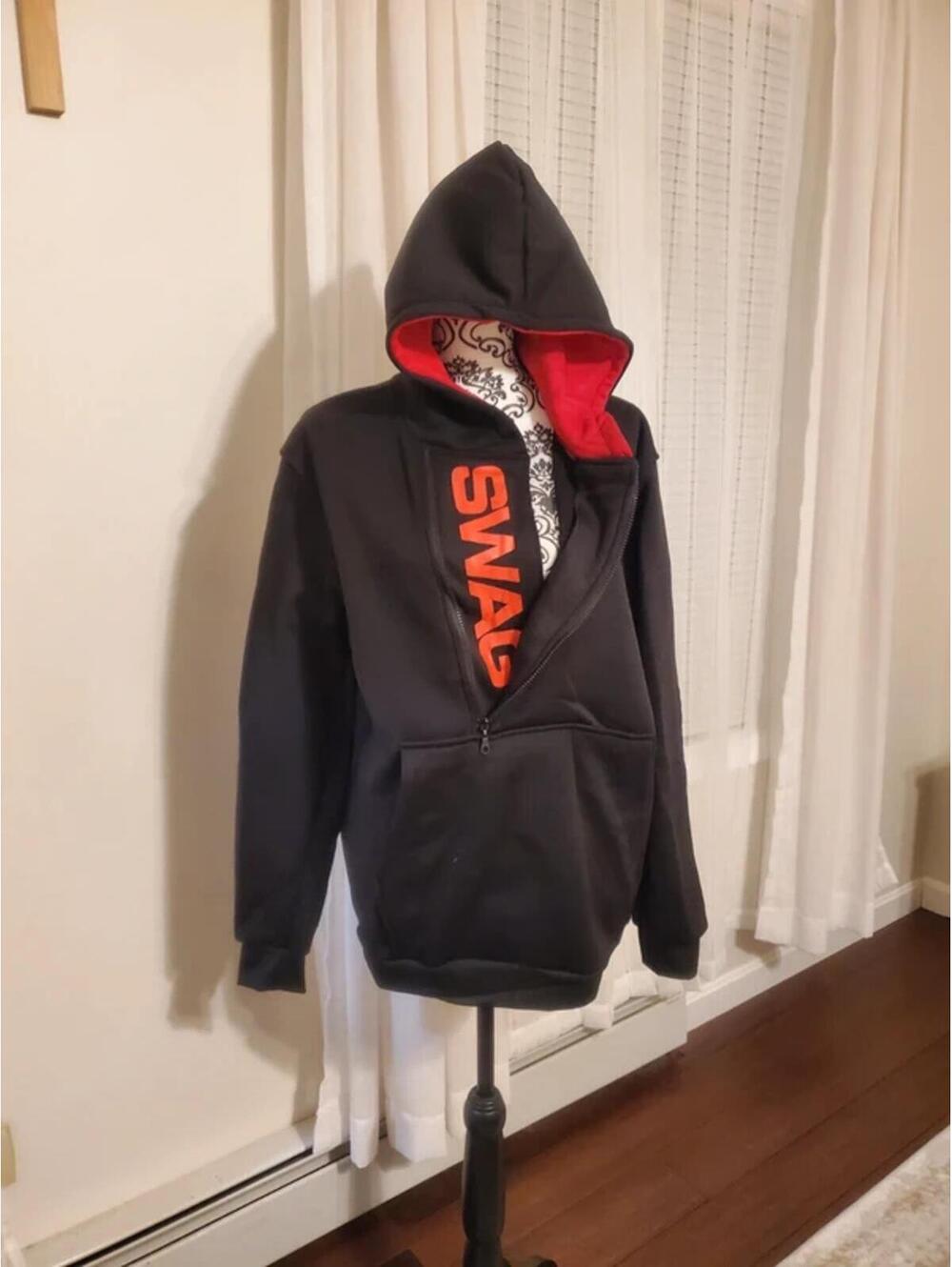 SWAG Black Hoodie with Red Lining and Asymmetrical Zipper Size L